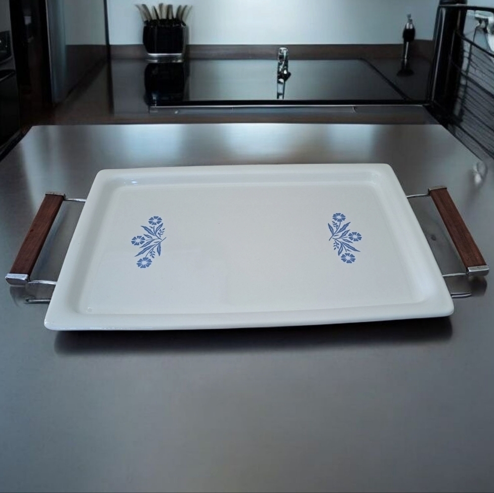 Vintage Corning Ware Cornflower Broil Bake Serving Tray With Metal Holder P-35-B